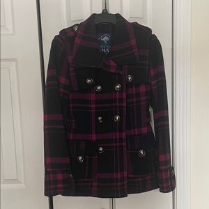 Green Ivy Black and Pink Plaid Pea Coat